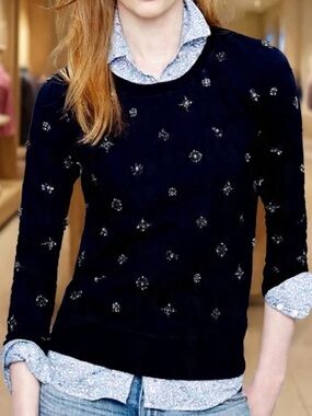 J. Crew Navy crewneck pullover shirt.  Beads & crystal embellishment. Size Large